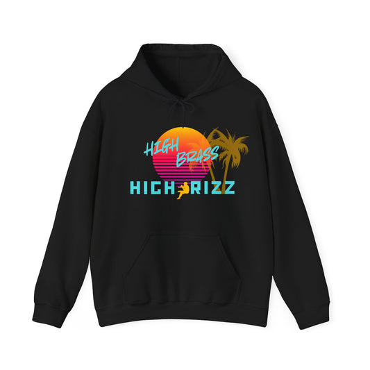 High Brass High Rizz Trumpet Hoodie with retro sunset, Unisex Hoodie, Casual Wear, Gift for Friends, Chill Vibes Apparel